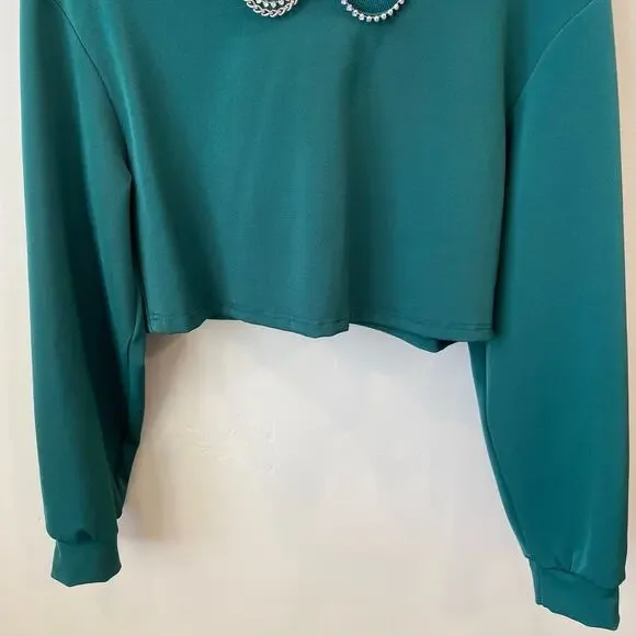 AREA Cropped Crystal Embellished Hooded Sweatshirt top shirt green medium - Picture 4 of 7